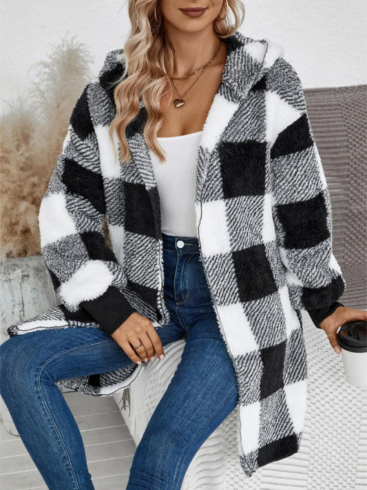 Women'S Plaid Print Open Front Hooded Bishop Sleeve Fluffy Coat, Casual Long Sleeve Outerwear for Fall & Winter, Women'S Clothes for Daily Wear