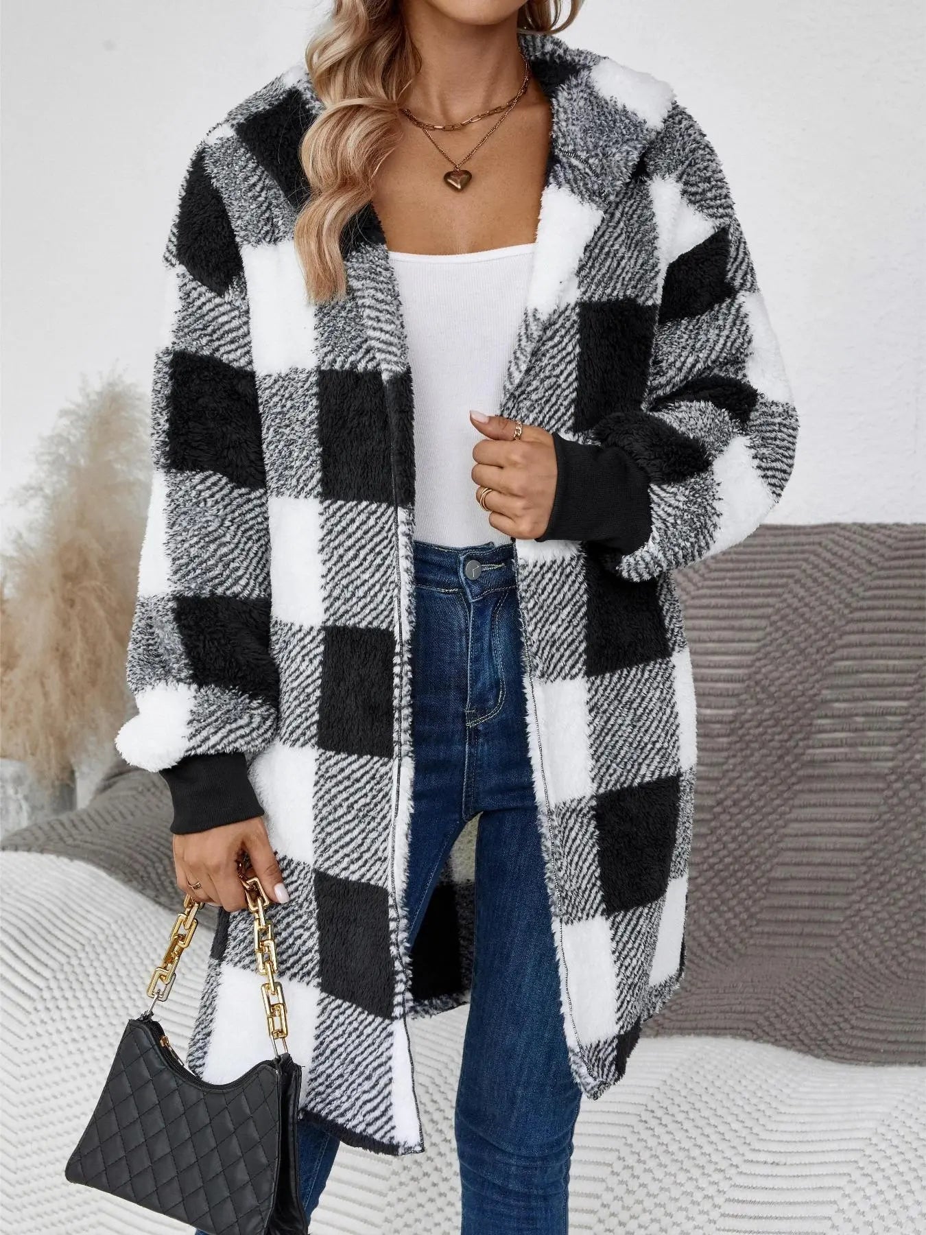 Women'S Plaid Print Open Front Hooded Bishop Sleeve Fluffy Coat, Casual Long Sleeve Outerwear for Fall & Winter, Women'S Clothes for Daily Wear